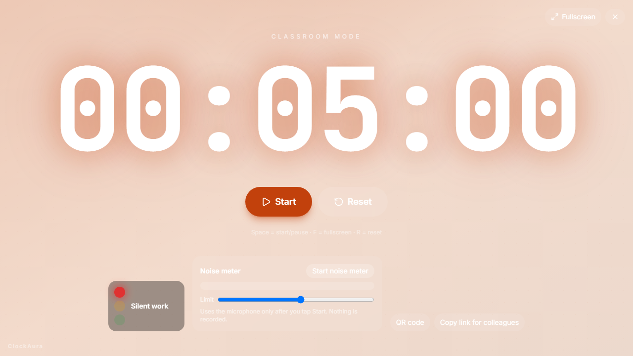 ClockAura Classroom Mode on a projector: a five-minute countdown, the traffic light set to Silent work and the noise meter below