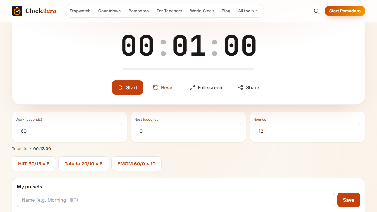 ClockAura's EMOM timer set up for 12 rounds of one minute