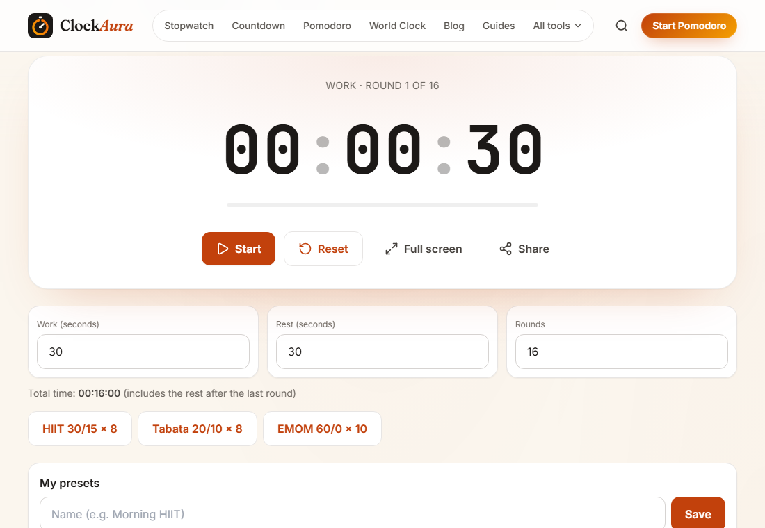 ClockAura's interval timer set to 30 seconds work, 30 seconds rest and 16 rounds