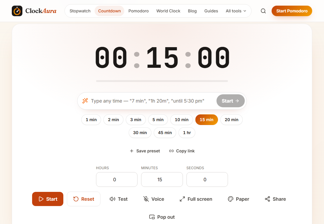 ClockAura's countdown timer set to 15 minutes for boiling potatoes
