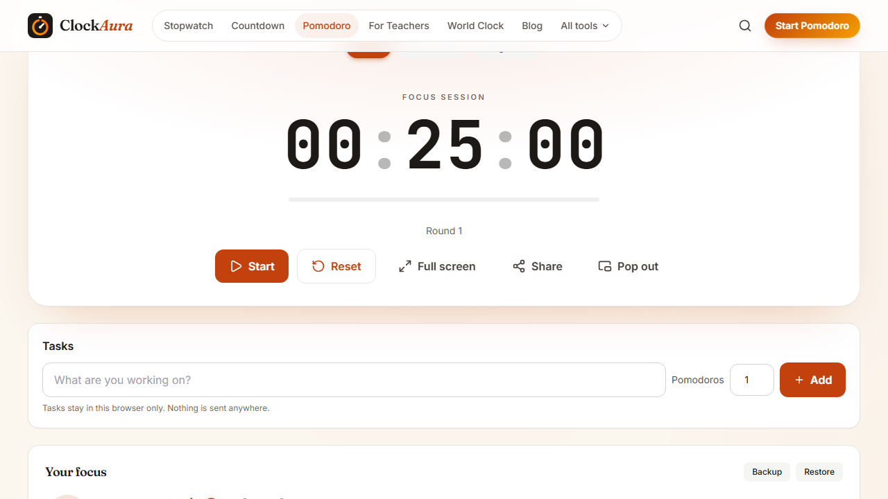 The ClockAura Pomodoro timer set to a 25-minute focus session, with Start, Full screen and Pop out buttons and a task list below
