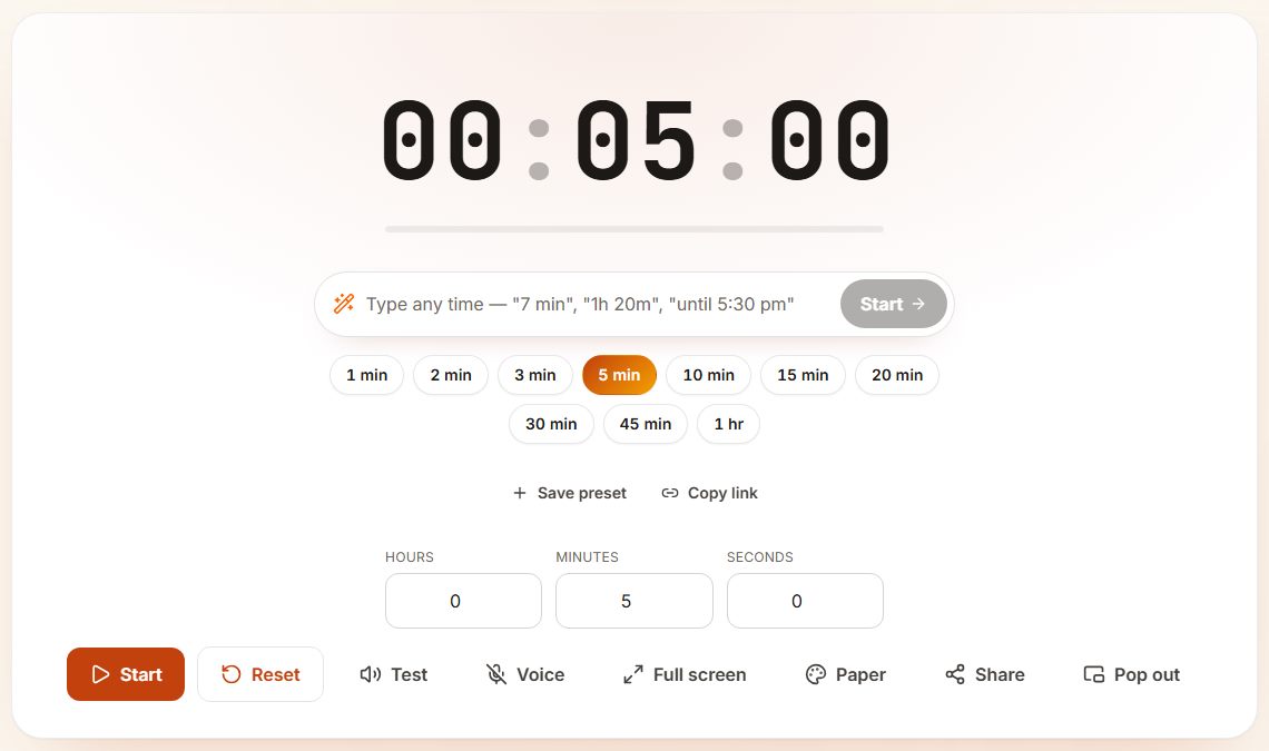 ClockAura countdown timer set to 5 minutes, with a type-any-time box, preset buttons, hour-minute-second fields and Start, Reset, Test, Voice, Full screen, Share and Pop out buttons.