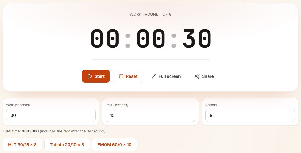 ClockAura interval timer showing Work, round 1 of 8 at 00:00:30, with Work 30 seconds, Rest 15 seconds and Rounds 8 fields, a total time of 6 minutes, and HIIT, Tabata and EMOM preset buttons.