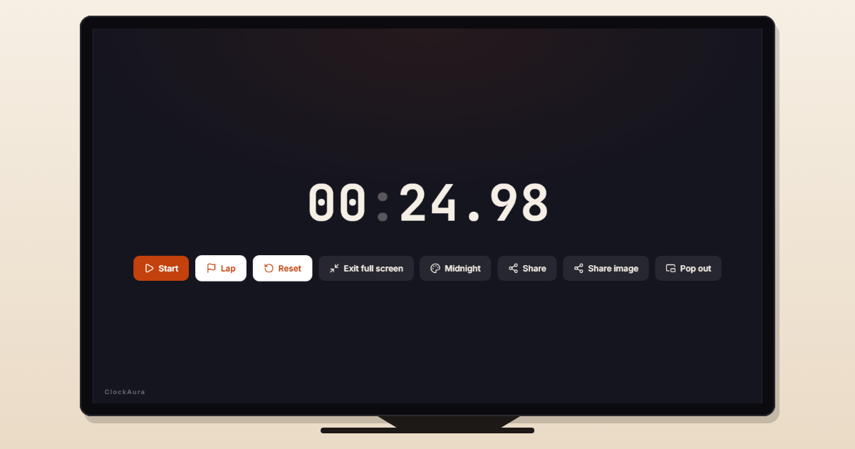 ClockAura's online stopwatch in full screen with the Midnight display theme, shown on a TV