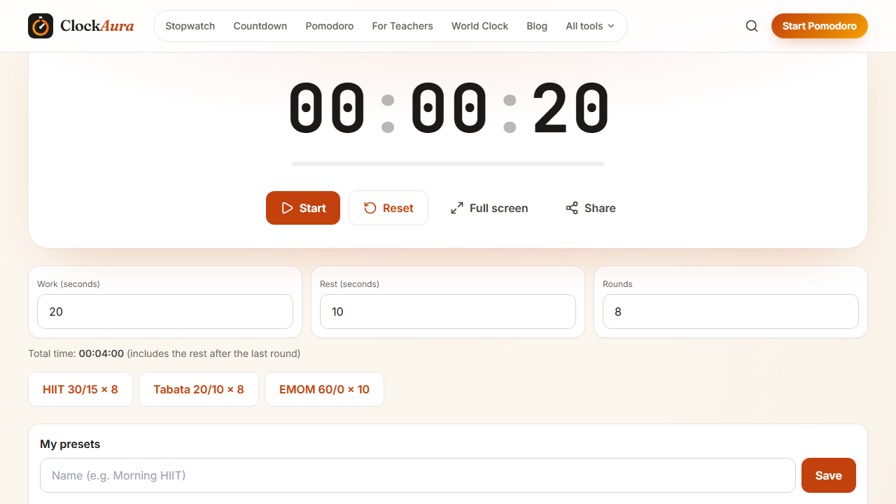 ClockAura's Tabata timer set to 20 seconds work, 10 seconds rest and 8 rounds, showing a total time of 4 minutes